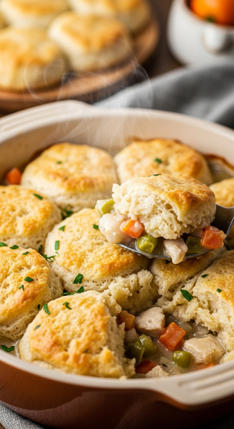 chicken pot pie with buttermilk biscuit topping and creamy filling bubbling up