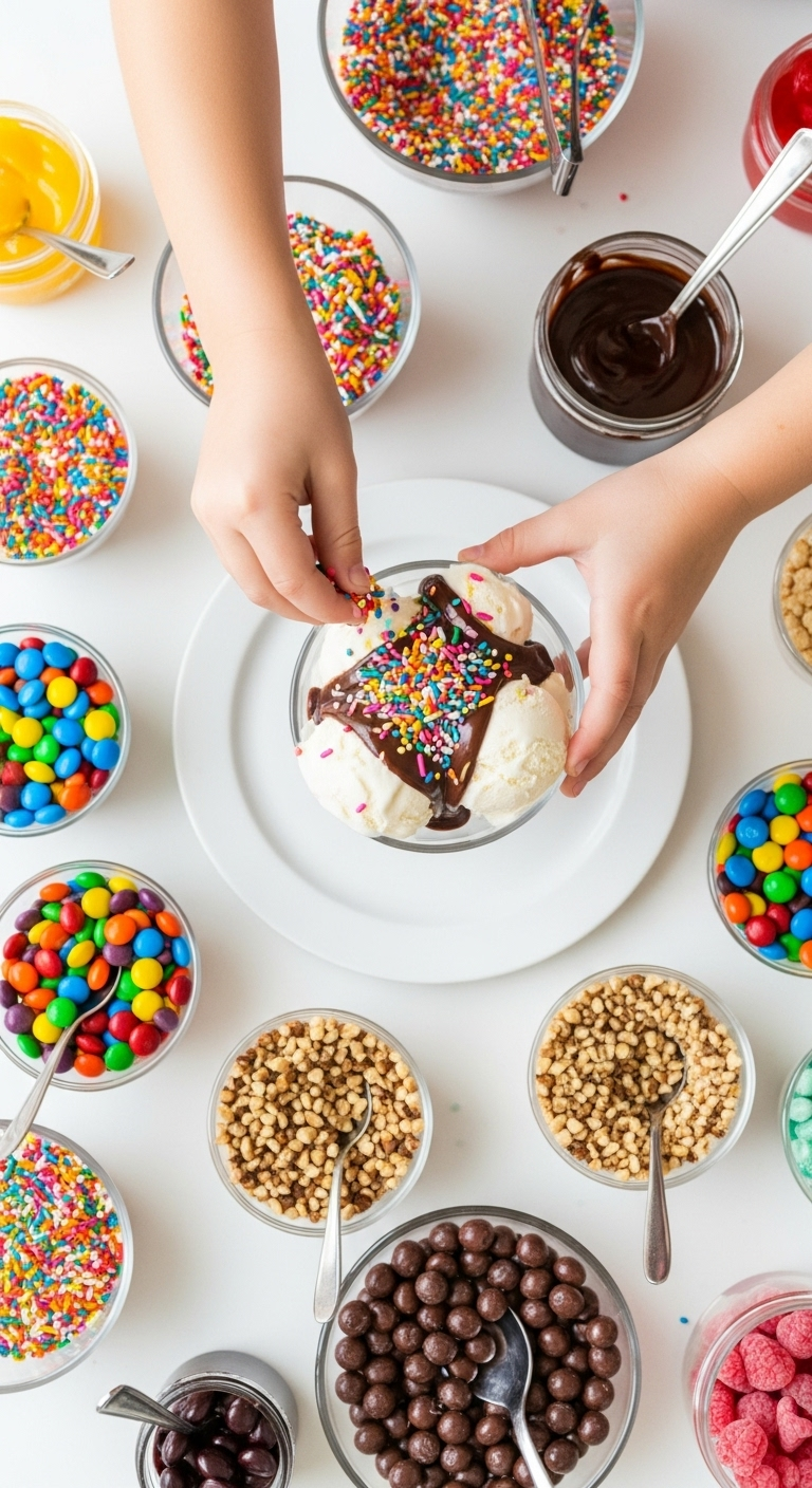 child adding rainbow sprinkles to vanilla ice cream sundae with chocolate fudge and toppings