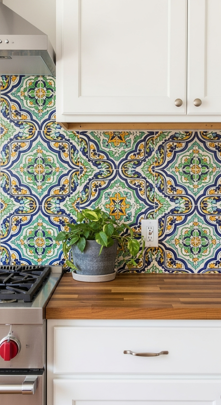 choose-statement-backsplash-flooring-bohemian-kitchen-moroccan-patterned-tiles-wood-countertop
