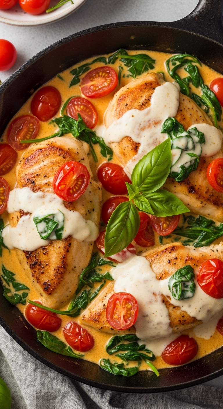creamy tuscan chicken in cast iron skillet with seared chicken tomatoes spinach and basil garnish