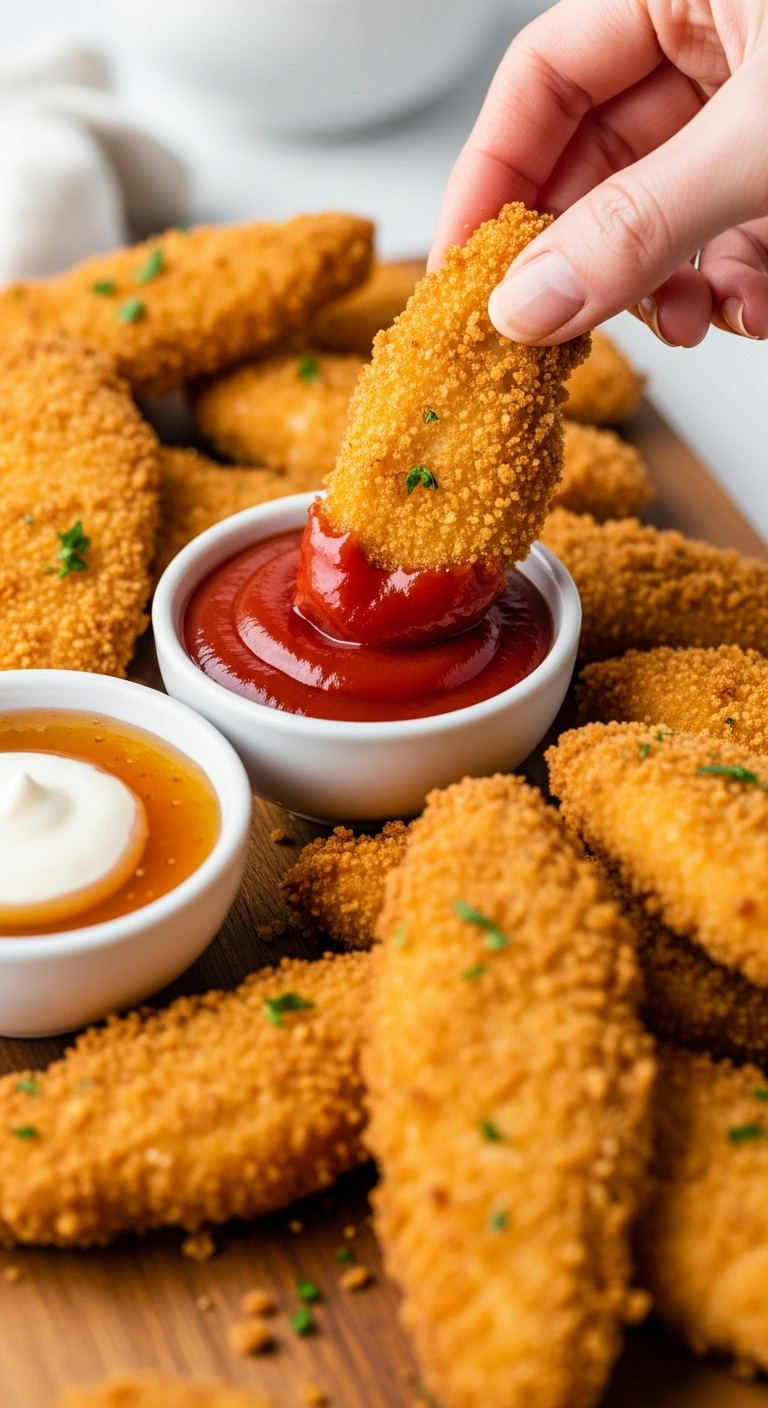 crispy homemade chicken tenders with panko crust dipped in ketchup and honey mustard