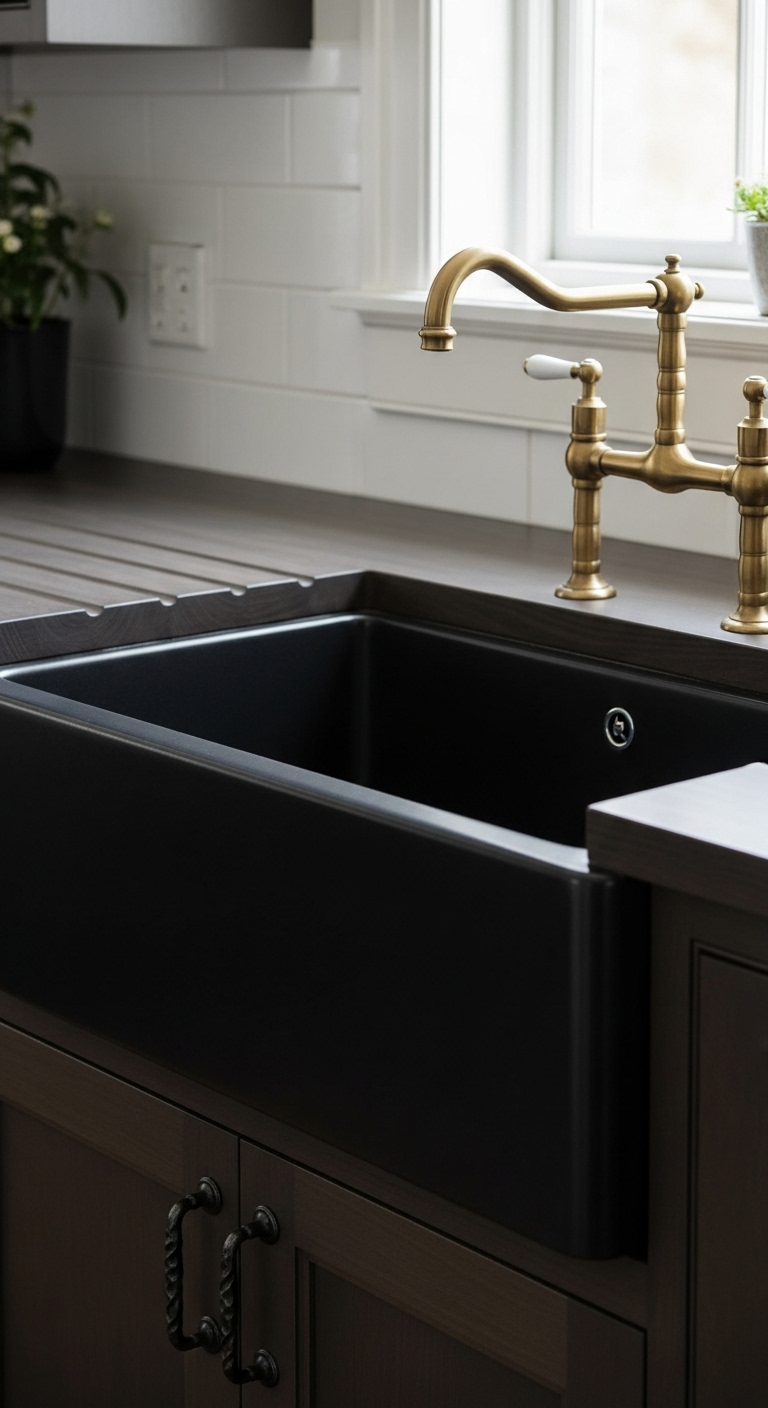 dark cottagecore kitchen black farmhouse sink vintage brass faucet dark wood countertop wrought iron cabinet pulls
