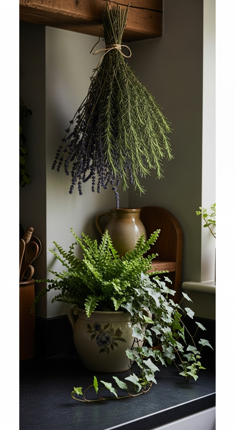 dark cottagecore kitchen dried lavender rosemary potted fern ivy plant rustic wooden beam vintage ceramic pot