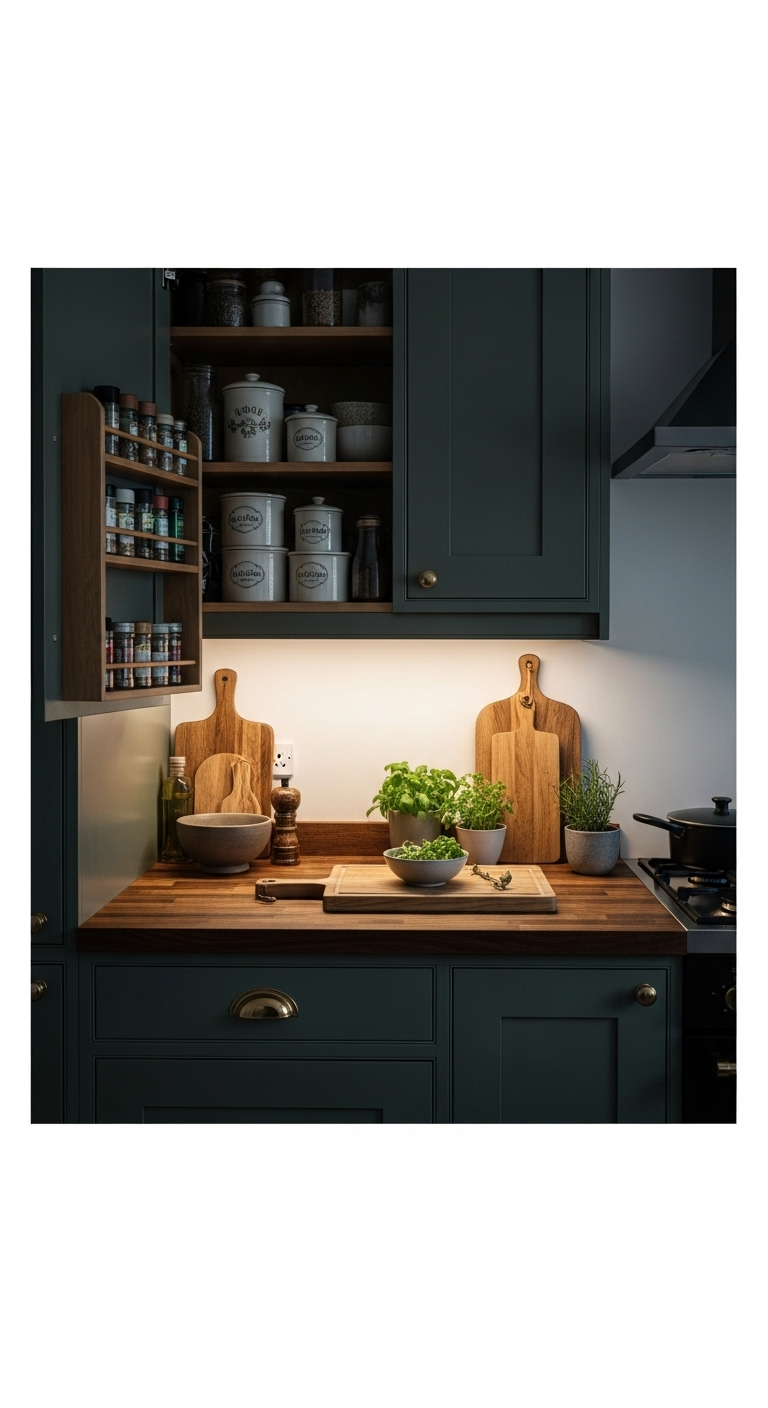 dark cottagecore kitchen forest green cabinet ceramic containers organized spices dark wood countertop cutting board fresh herbs