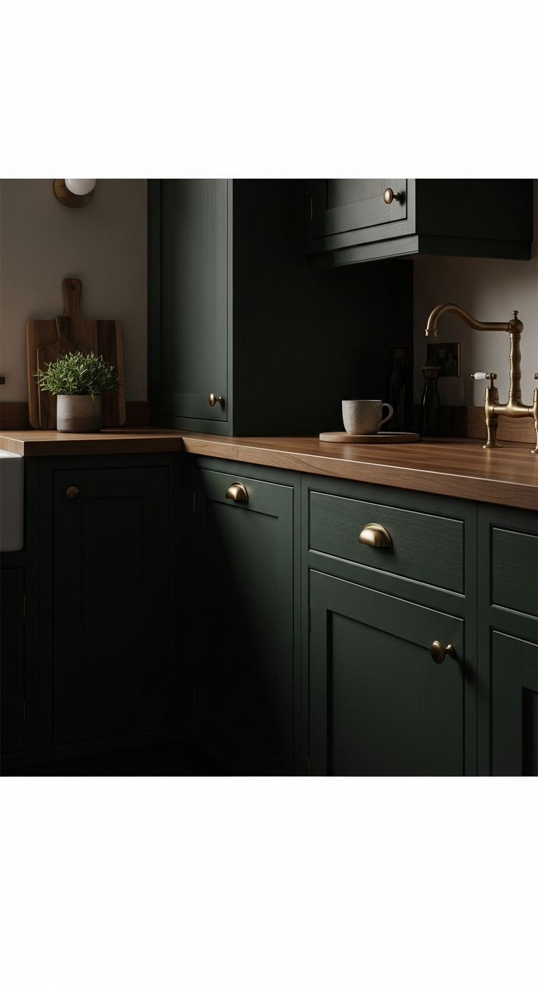 dark cottagecore kitchen forest green cabinetry matte black hardware vintage brass faucet ceramic mug soft ambient lighting