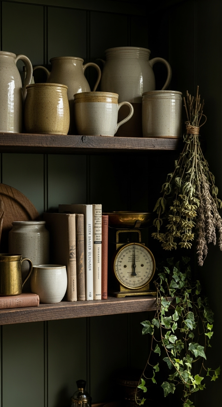 dark cottagecore kitchen open shelf vintage pottery cookbooks antique brass scale dried herbs ivy plant reclaimed wood