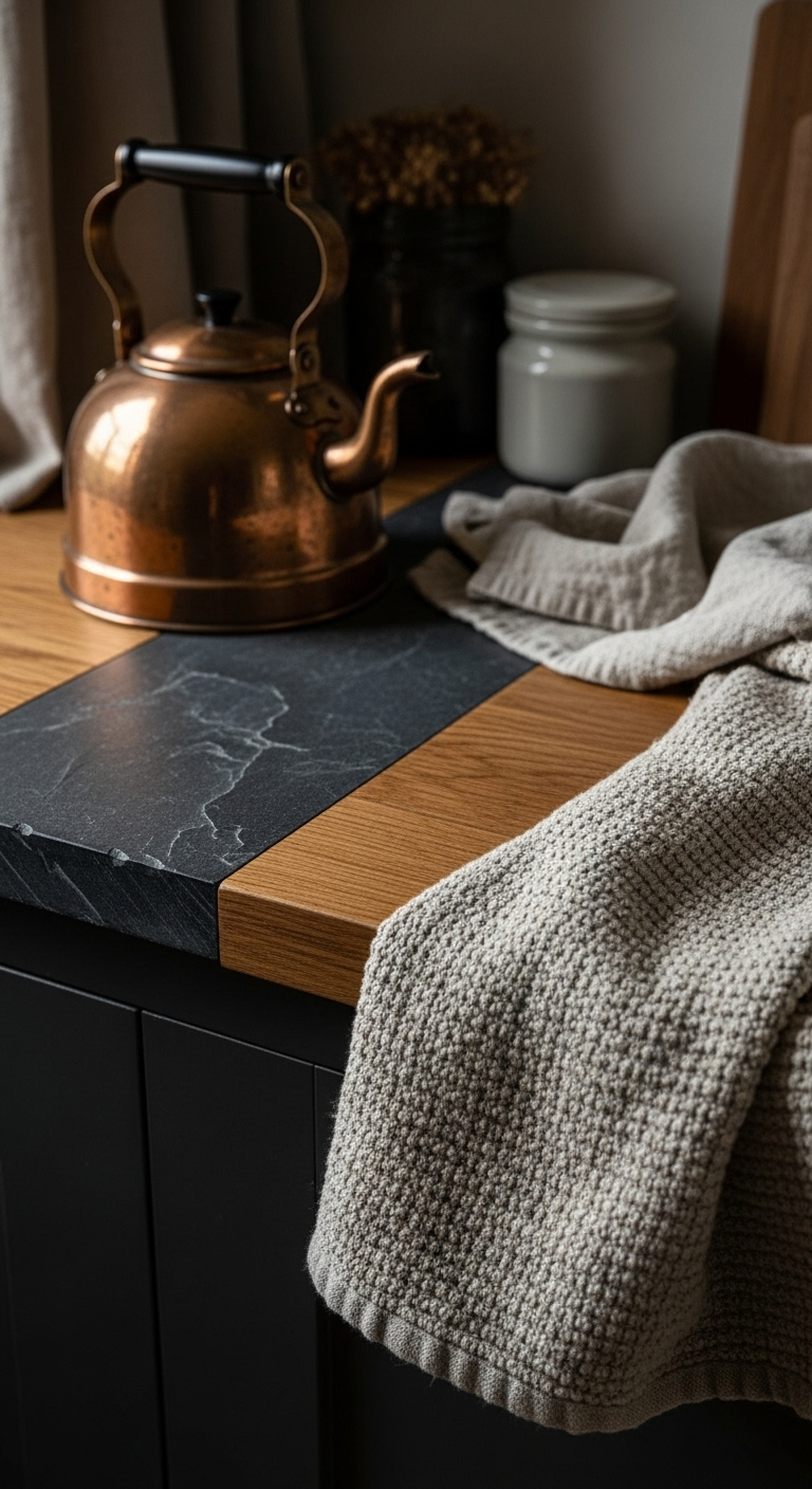 dark cottagecore kitchen wooden countertop dark slate copper kettle linen tea towel natural light textures