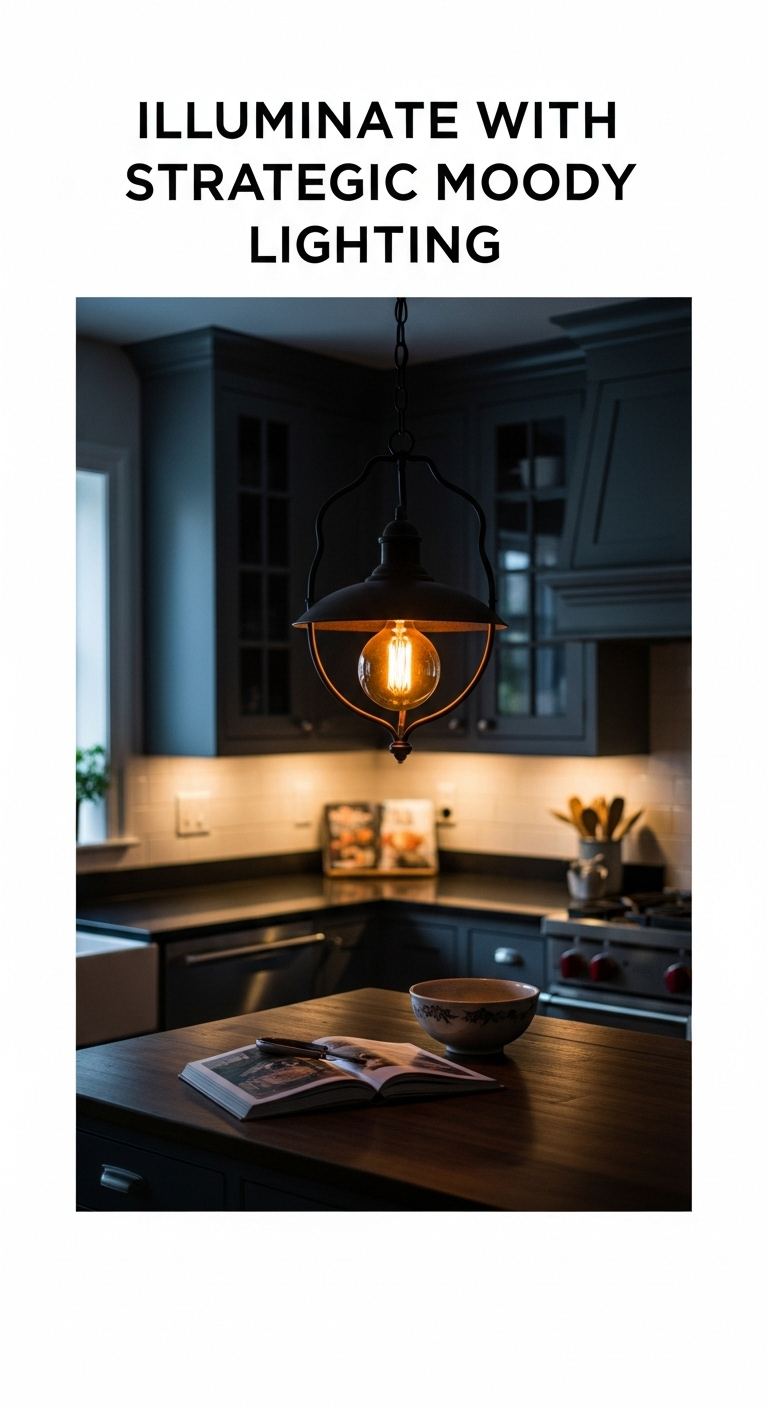 dark cottagecore kitchen wrought iron pendant warm amber light wooden island vintage cookbook ceramic bowl under cabinet lighting