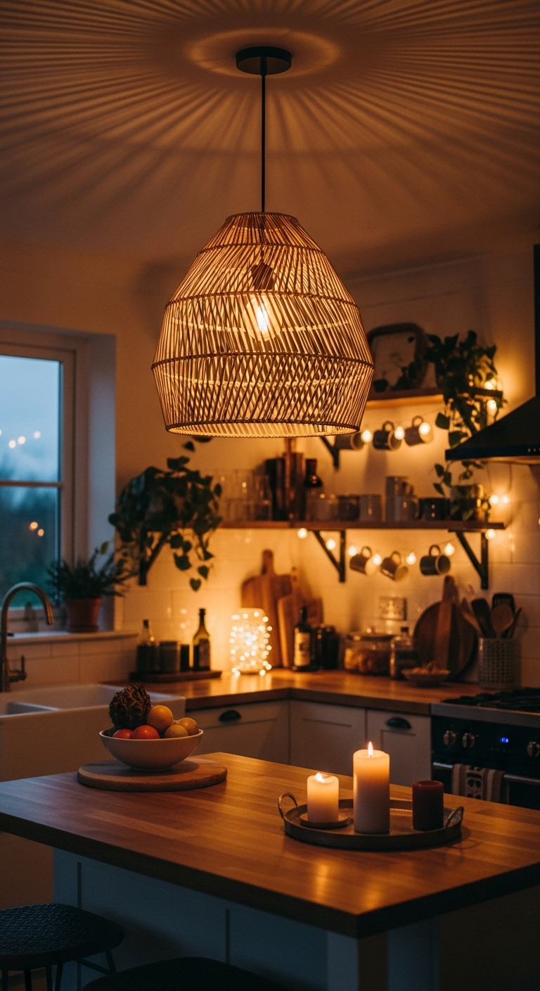 design-with-bohemian-lighting-fixtures-kitchen-rattan-pendant-string-lights-wooden-island