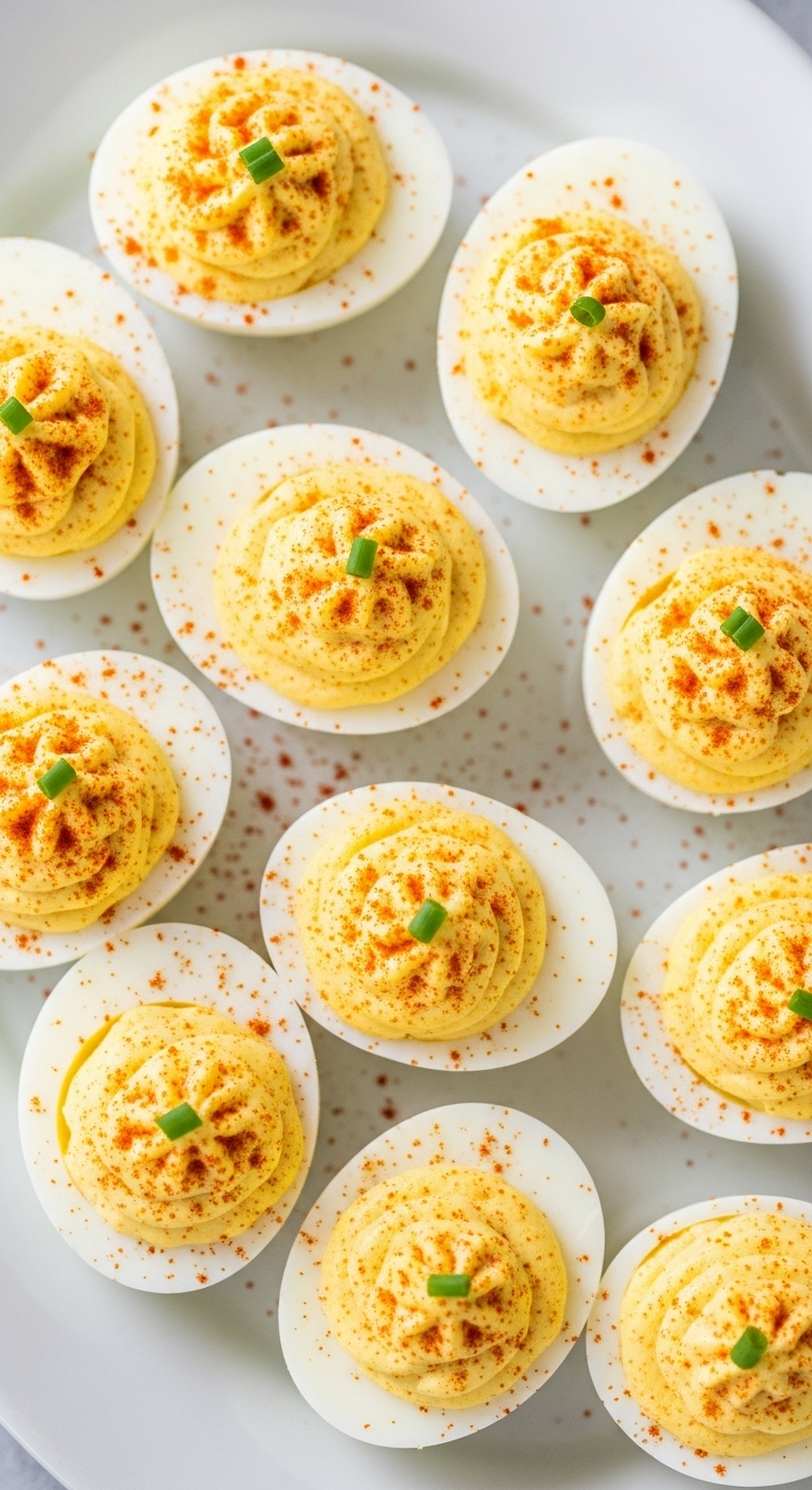 deviled eggs with perfectly piped filling garnished with paprika and fresh chives