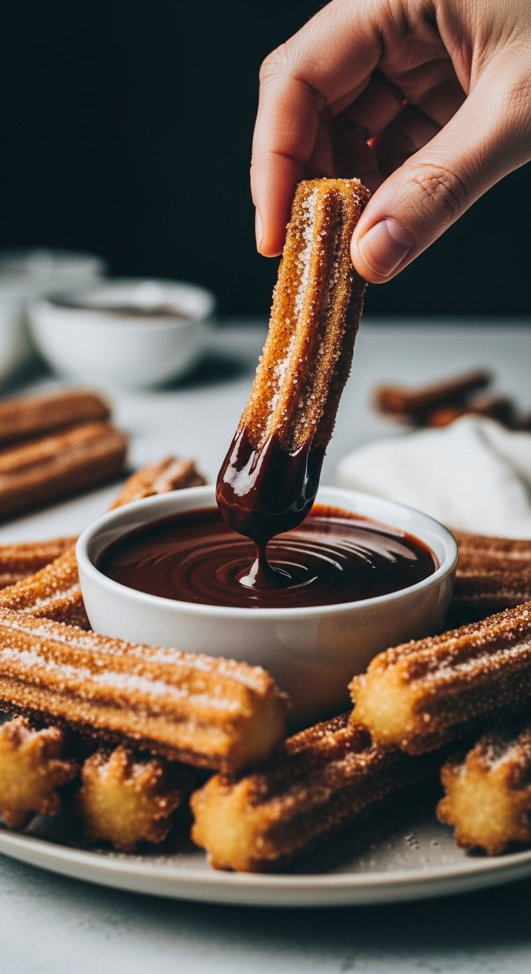 easy homemade churros coated in cinnamon sugar with hand dipping into chocolate sauce