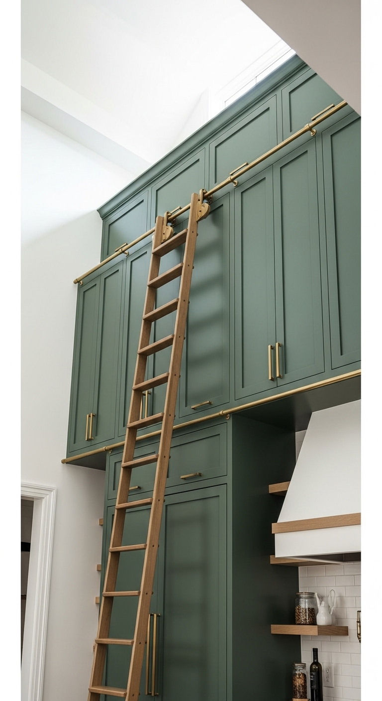 floor to ceiling deep green kitchen cabinets with brass library ladder in elegant and organized haven kitchen design maximizing vertical space