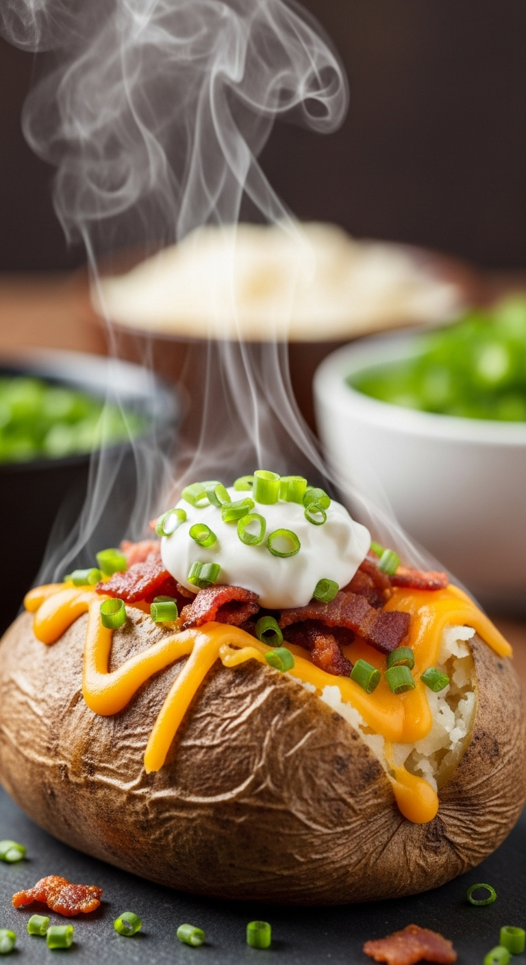 fluffy baked potato with melted cheddar sour cream bacon bits and chives