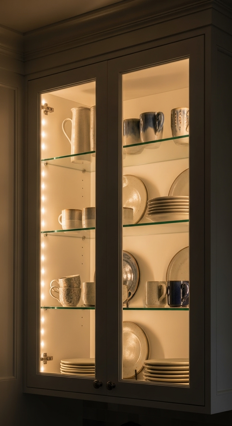 glass front off white kitchen cabinets with interior lighting displaying ceramic pottery in warm elegant haven kitchen ambiance