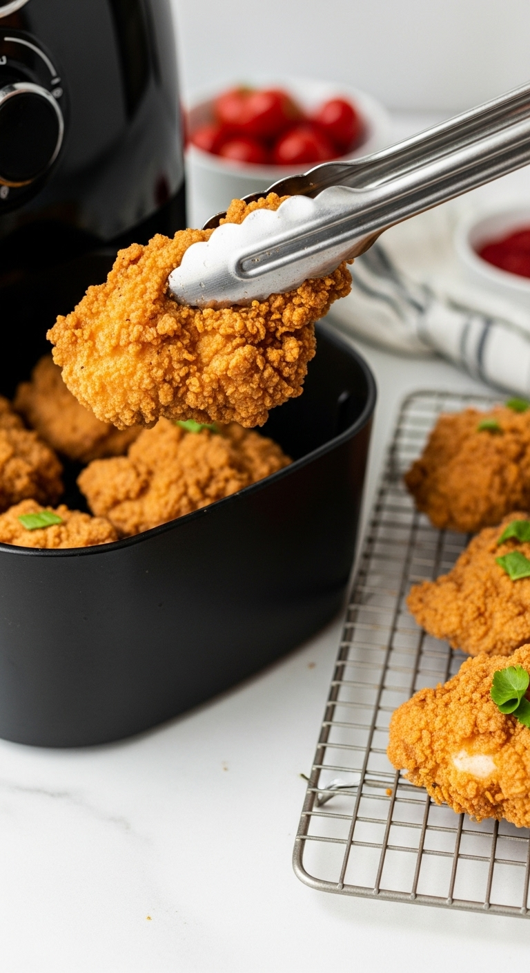 golden brown air-fryer southern fried chicken being lifted from basket with tongs