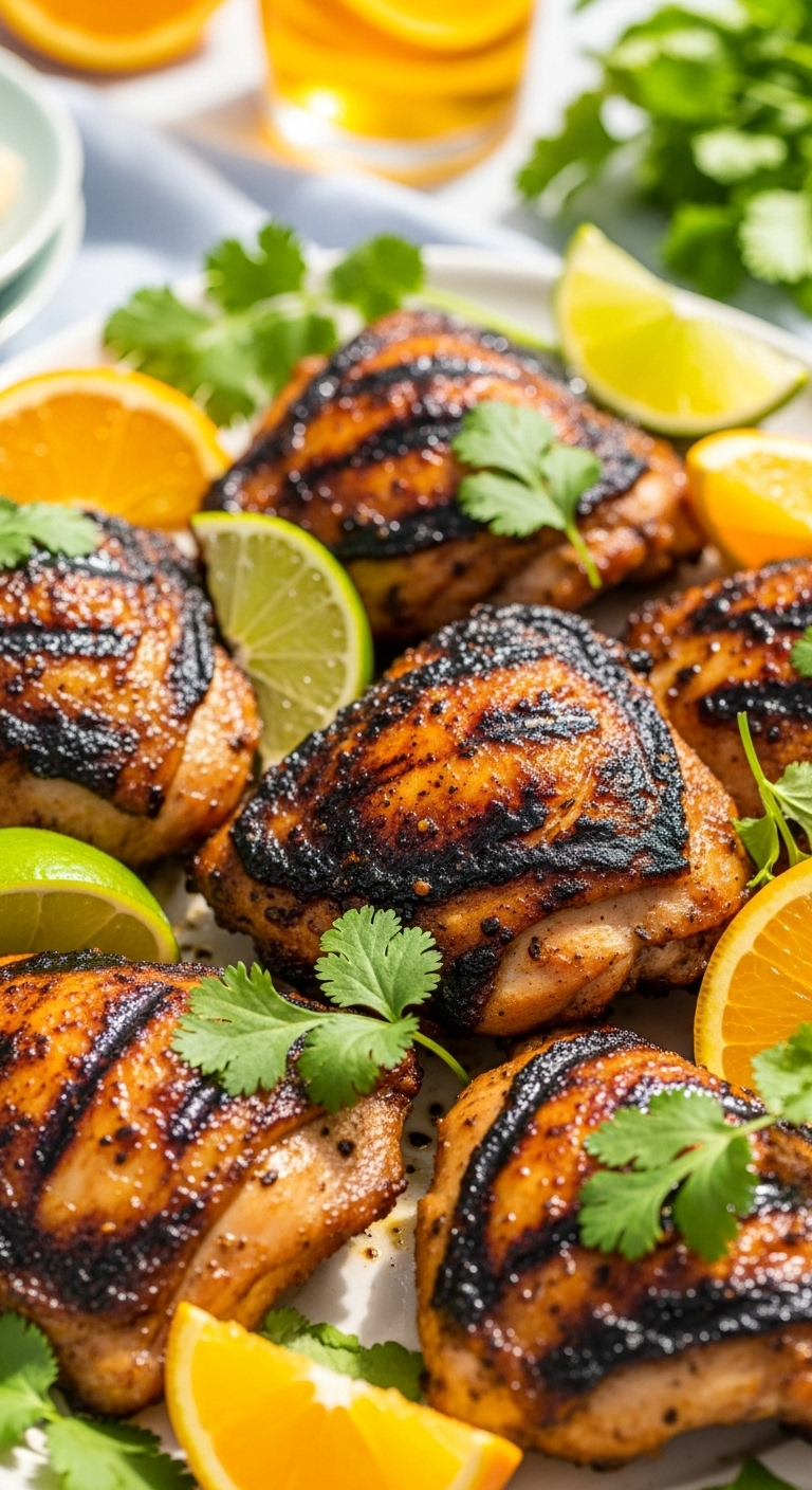grilled Cuban mojo chicken thighs with crispy skin cilantro and citrus wedges