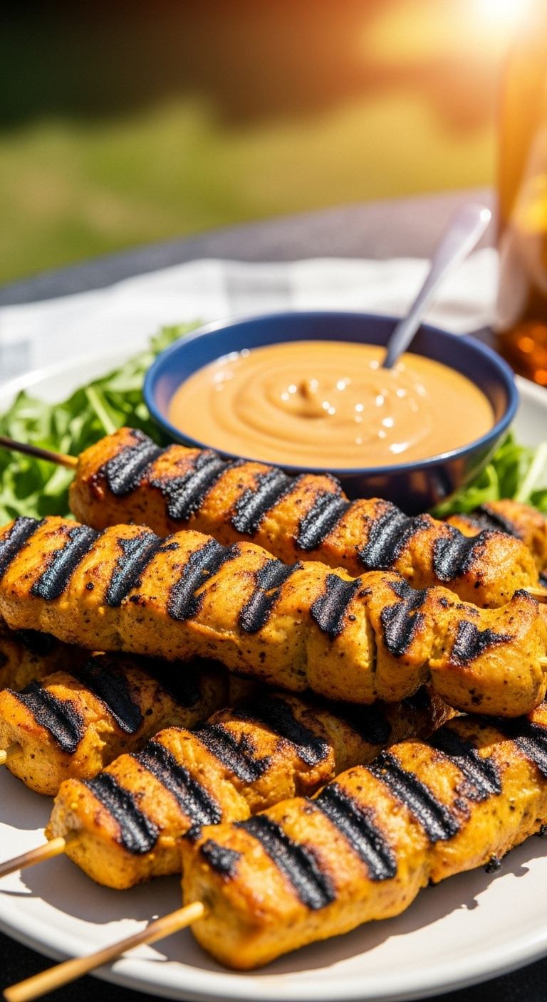 grilled chicken satay skewers with char marks and peanut sauce on sunny outdoor platter
