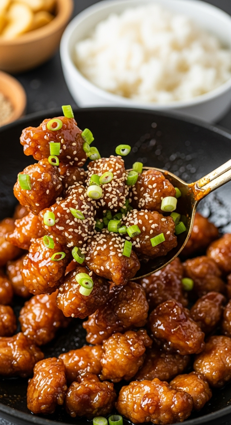 honey garlic chicken being tossed in skillet with sticky sauce sesame seeds and green onions