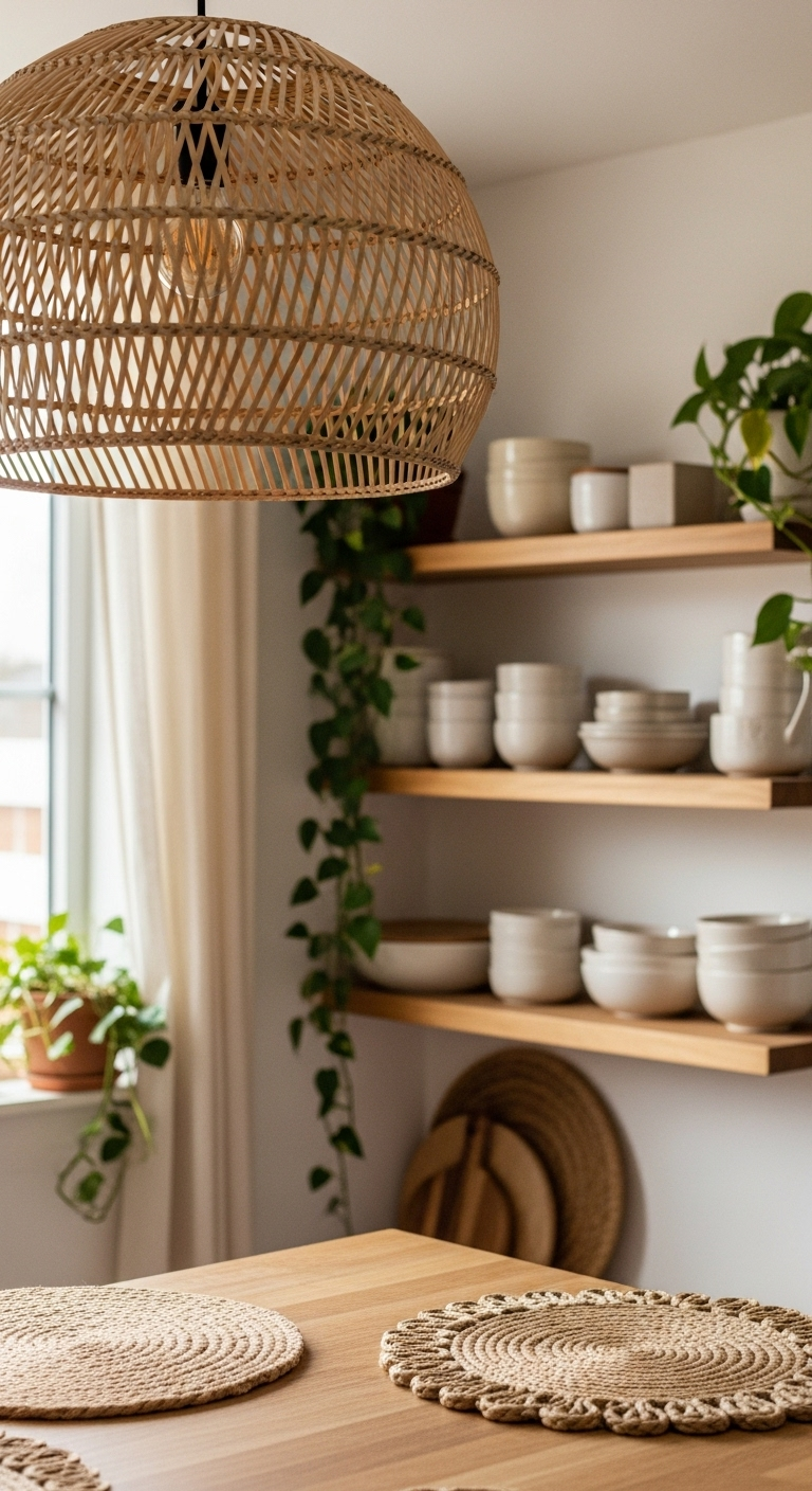 incorporate-abundant-natural-materials-bohemian-kitchen-wooden-shelves-rattan-light-ceramic-pottery