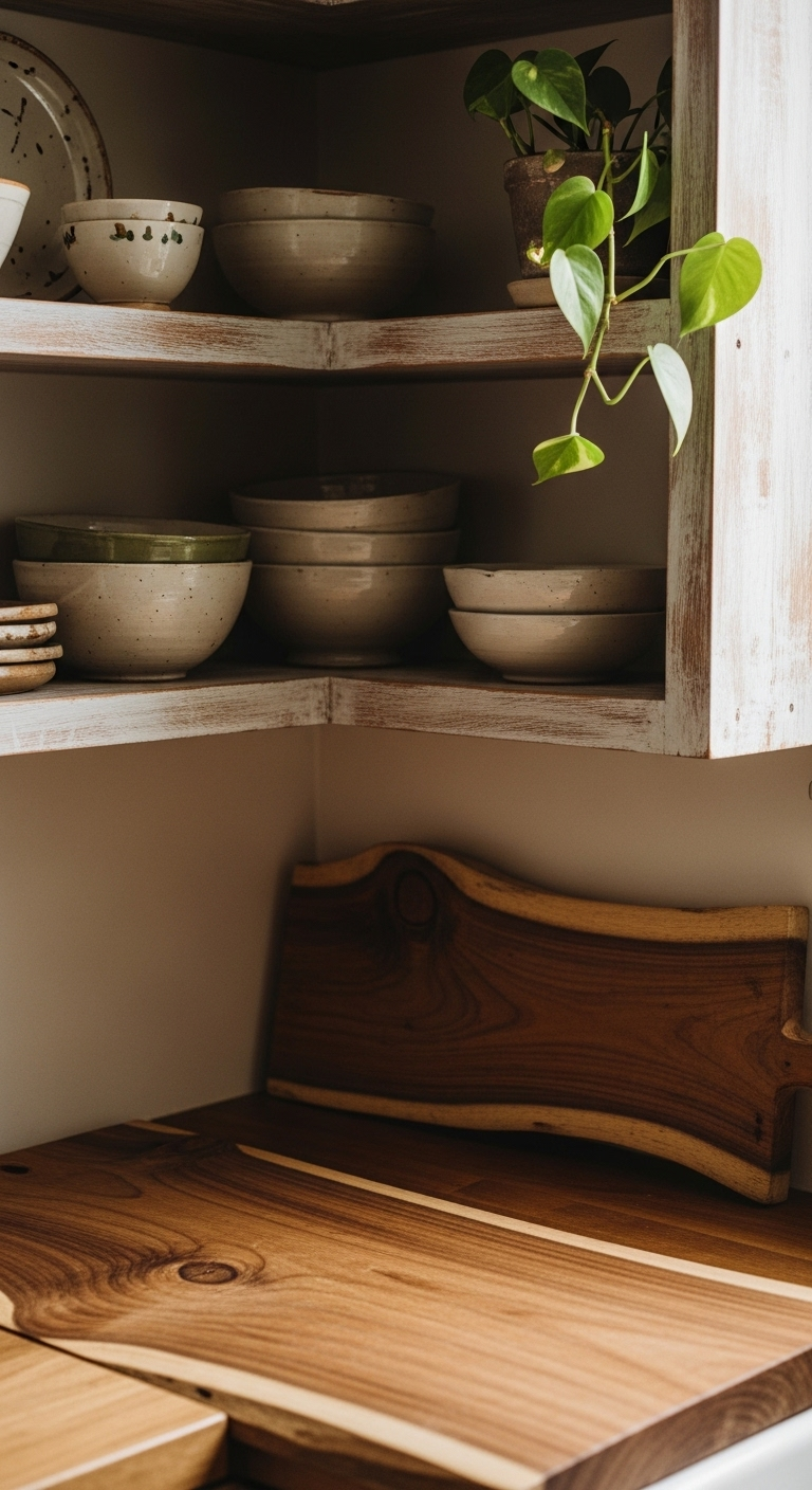 integrate-rustic-wood-elements-kitchen-open-shelves-ceramic-bowls-potted-plant