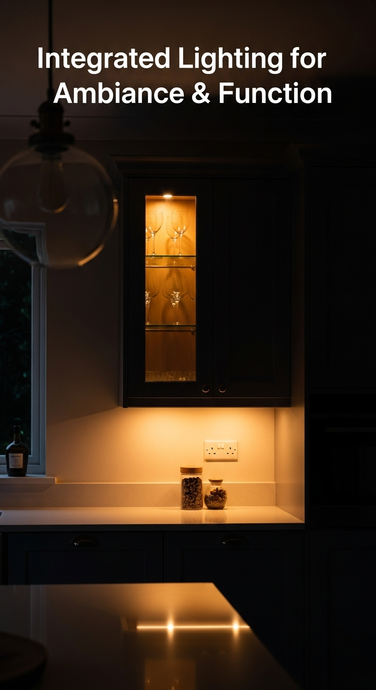 integrated cabinet lighting illuminating countertops and glass front cabinet in dramatic moody haven kitchen design