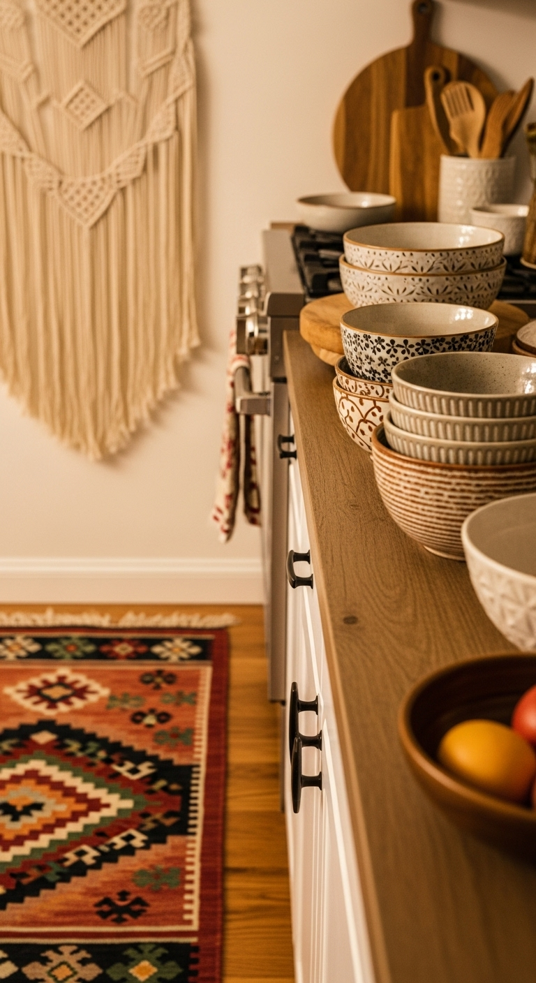layer-rich-textures-patterns-bohemian-kitchen-kilim-rug-macrame-hanging-ceramic-bowls