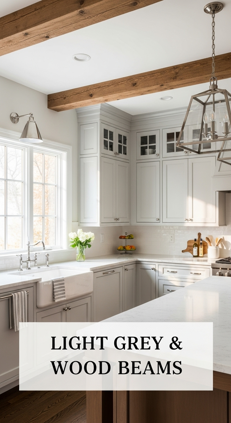 light gray shaker kitchen cabinets with rustic wood ceiling beams and white quartzite countertop in bright airy farmhouse kitchen