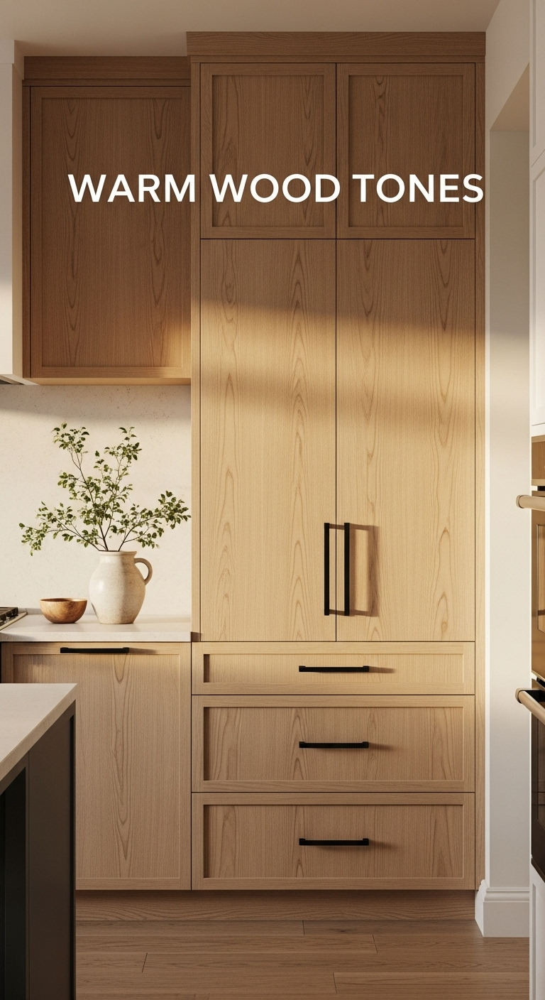 light oak kitchen cabinets with soft cream countertops and matte black hardware in warm organic haven kitchen design