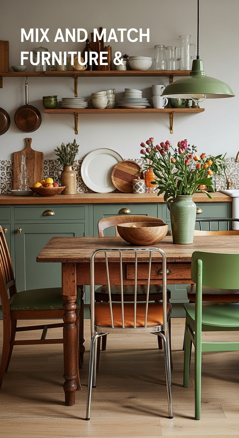 mix-and-match-furniture-decor-bohemian-kitchen-wooden-dining-table-vintage-chairs-pottery