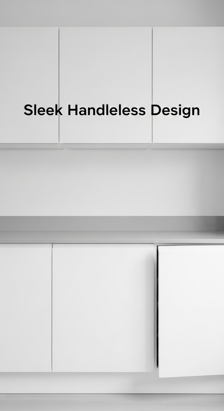 modern white handleless kitchen cabinets with push to open design and grey quartz backsplash in minimalist haven kitchen