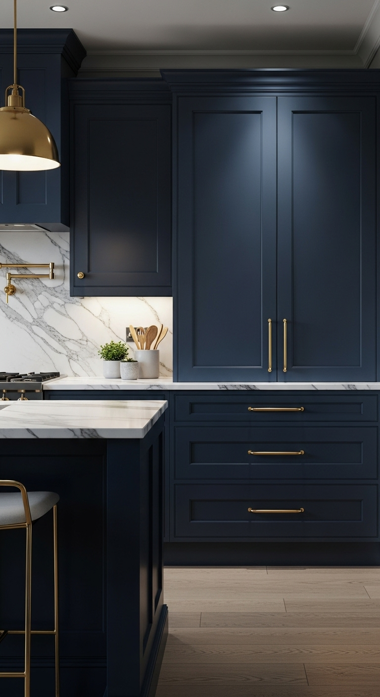 navy blue shaker kitchen cabinets with brushed gold handles and white marble countertop in dramatic moody haven kitchen design