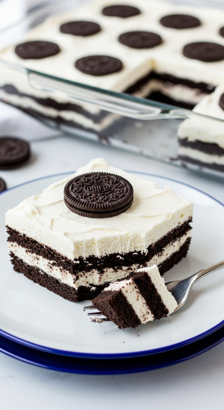 no-bake Oreo icebox cake slice with creamy layers and fork pulling a piece