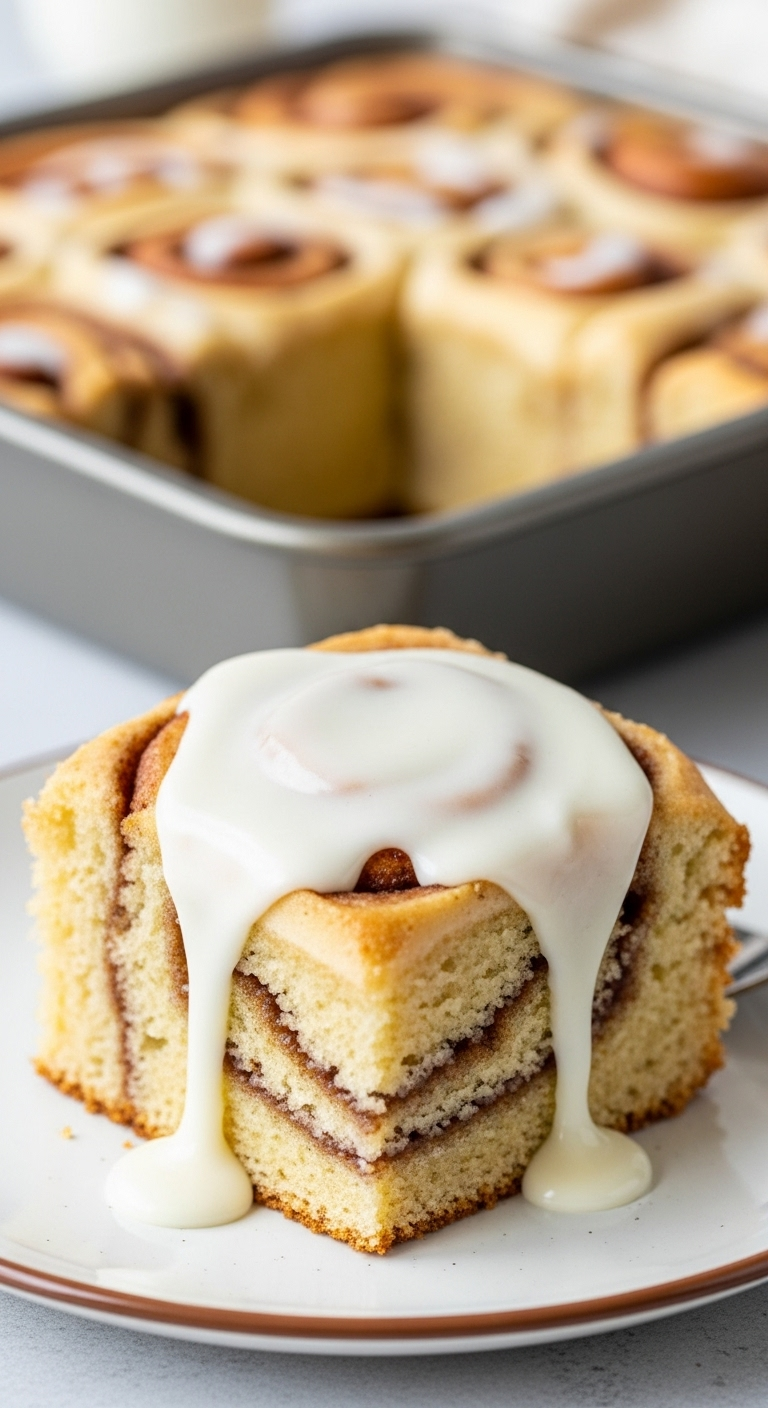 one-bowl ooey gooey cinnamon roll cake with vanilla glaze dripping down
