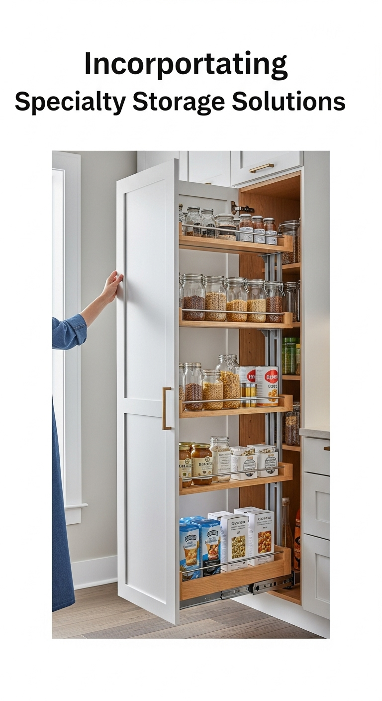 pull out pantry cabinet with organized storage shelves and natural wood interior in bright efficient haven kitchen design
