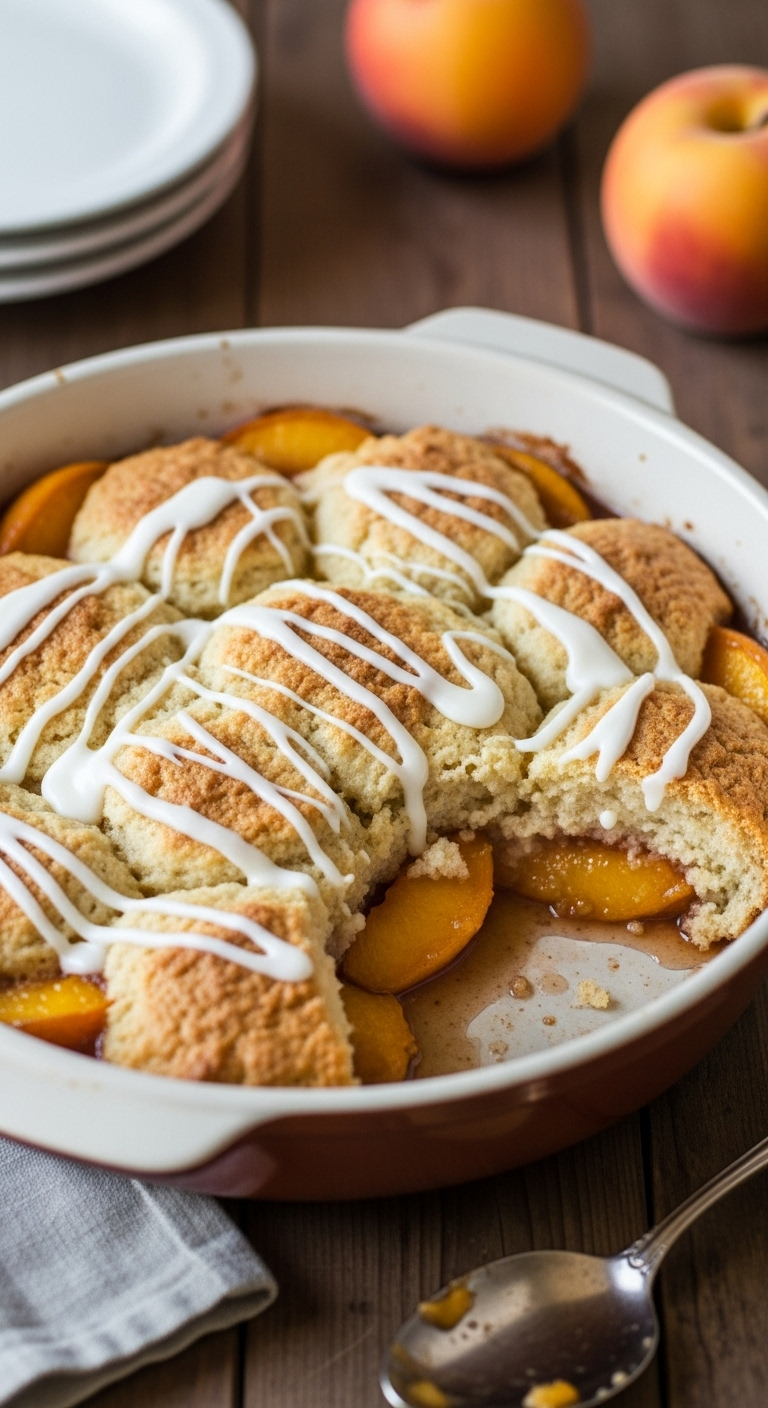 quick peach cobbler with vanilla glaze in cast iron skillet with scoop taken out