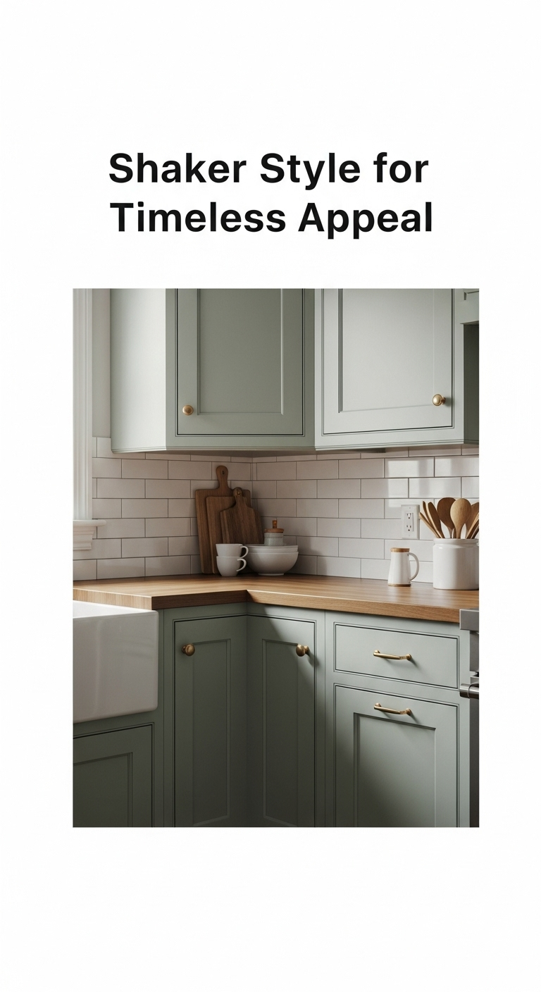 sage green shaker kitchen cabinets with butcher block countertop and white subway tile backsplash in timeless haven kitchen design