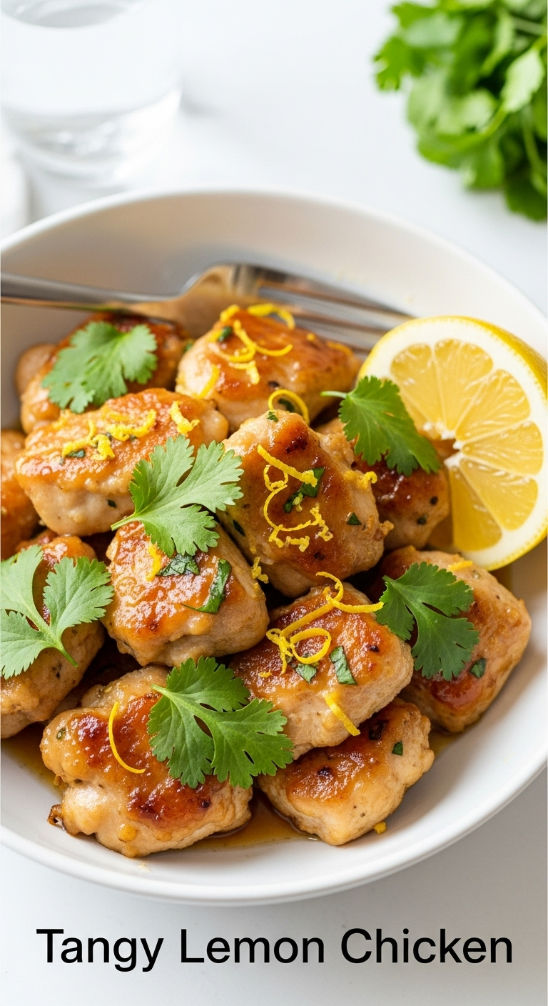 tangy lemon chicken in white bowl topped with cilantro and lemon zest