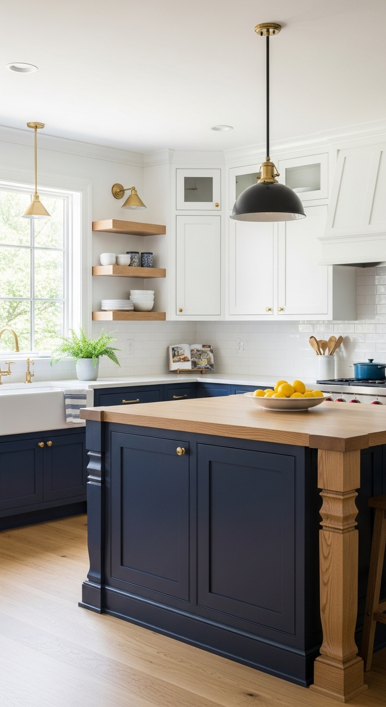 two tone kitchen cabinets with indigo blue lowers white uppers and natural oak island in bright modern farmhouse style kitchen