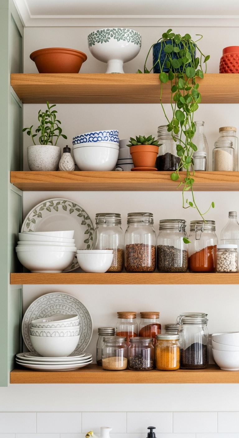 utilize-open-shelving-for-display-bohemian-kitchen-wooden-shelves-ceramic-dishes-plants
