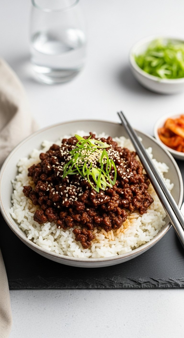15 minute korean beef and rice bowl with caramelized beef scallions sesame seeds and kimchi on dark slate with chopsticks