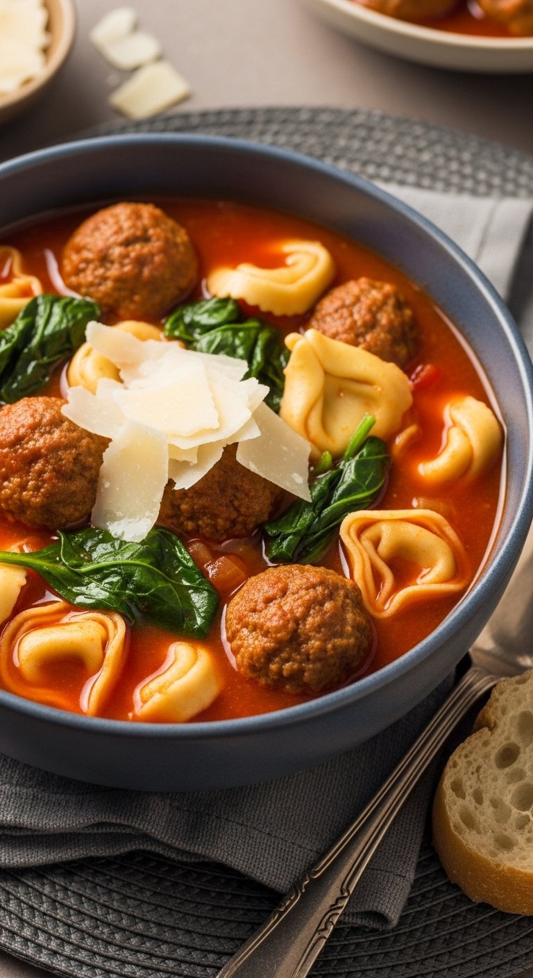 15-minute-meatball-tortellini-soup-rich-broth-cheese-tortellini-parmesan-spinach-crusty-bread