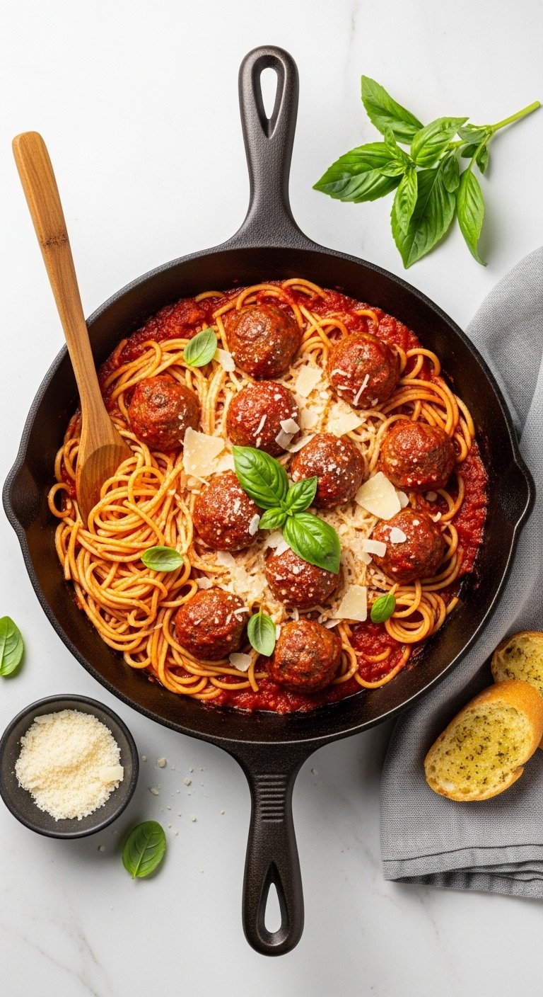 20-minute-spaghetti-meatball-skillet-mariana-sauce-parmesan-basil-wooden-spoon-marble-countertop