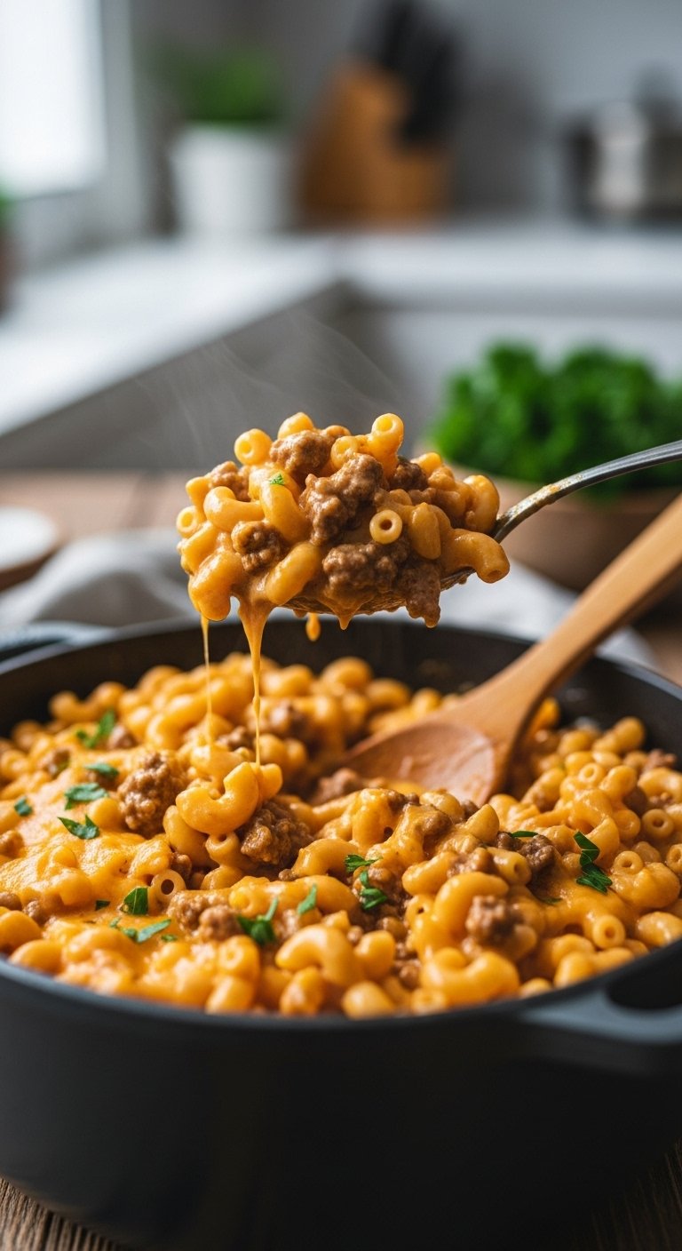 30 minute homemade hamburger helper with macaroni ground beef and creamy cheese sauce lifted from dutch oven with parsley on rustic wood table