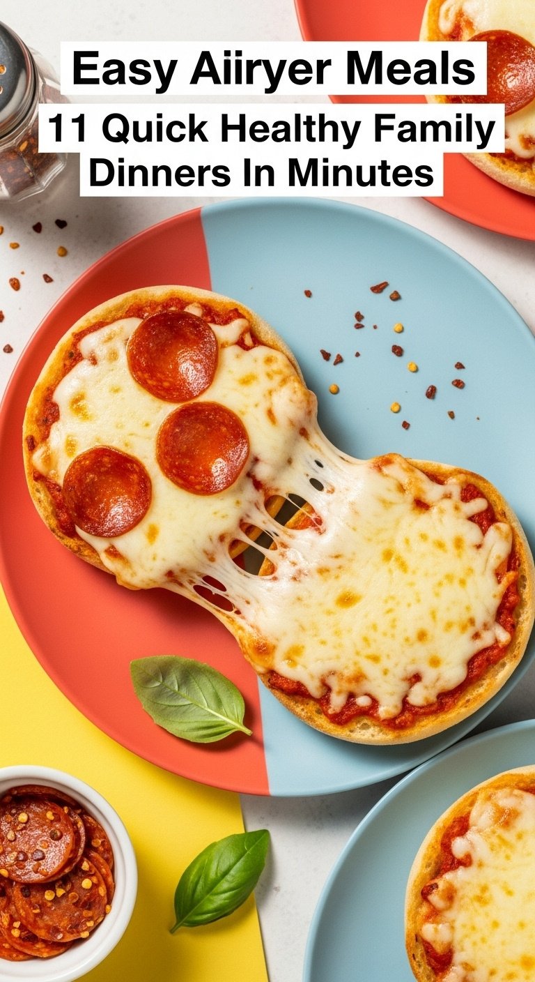 Air fryer mini pizzas, one pepperoni and one cheese, with melted mozzarella and a cheese pull on a colorful plate