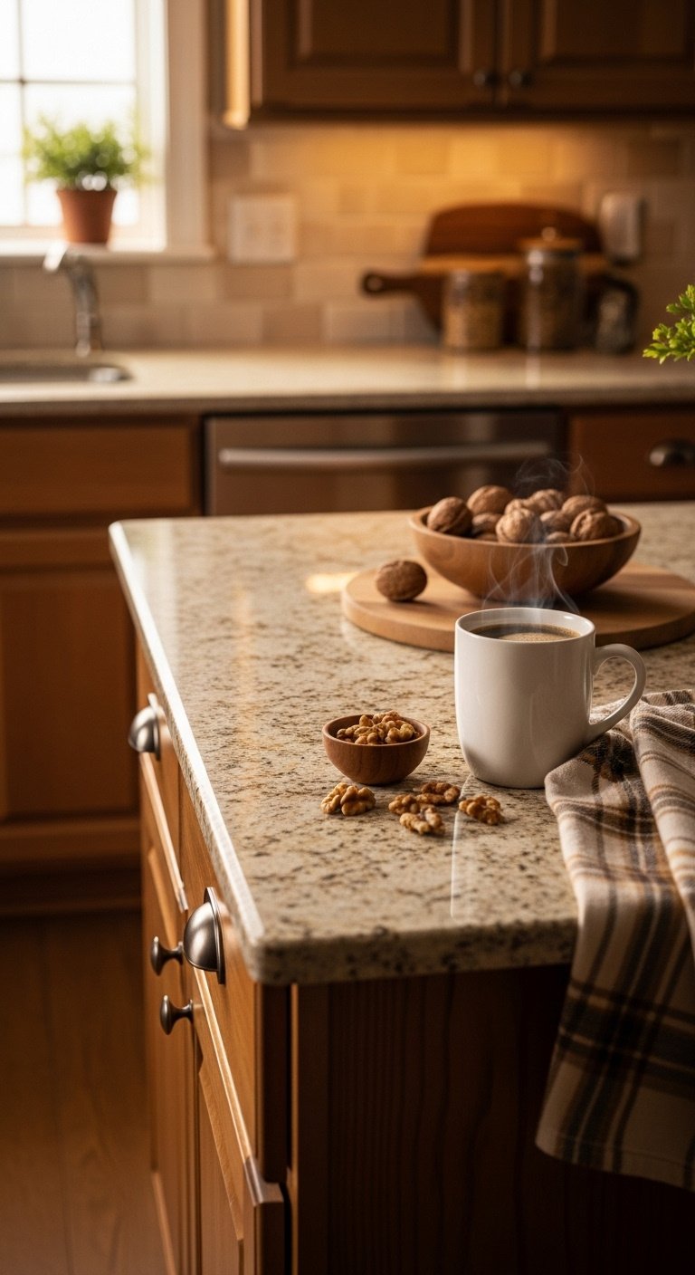 Almond Gold granite countertop, amber hues, nut-brown, umber, honey oak cabinets, steaming coffee mug, walnuts, plaid towel.