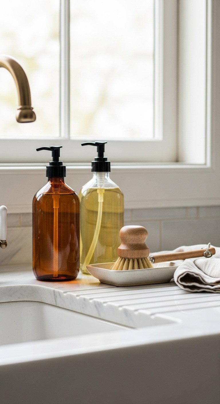 Amber soap dispensers and wooden dish brush on white marble countertop by a farmhouse sink with linen towel in natural light