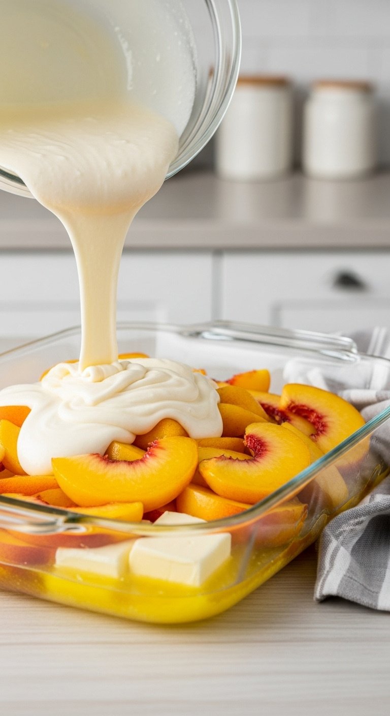 Assembling peach cobbler in glass baking dish showing layers of melted butter peaches and batter being poured
