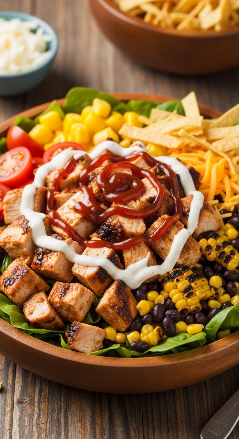 BBQ grilled chicken salad with black beans corn tomatoes cheese ranch BBQ sauce and tortilla strips in rustic wooden bowl