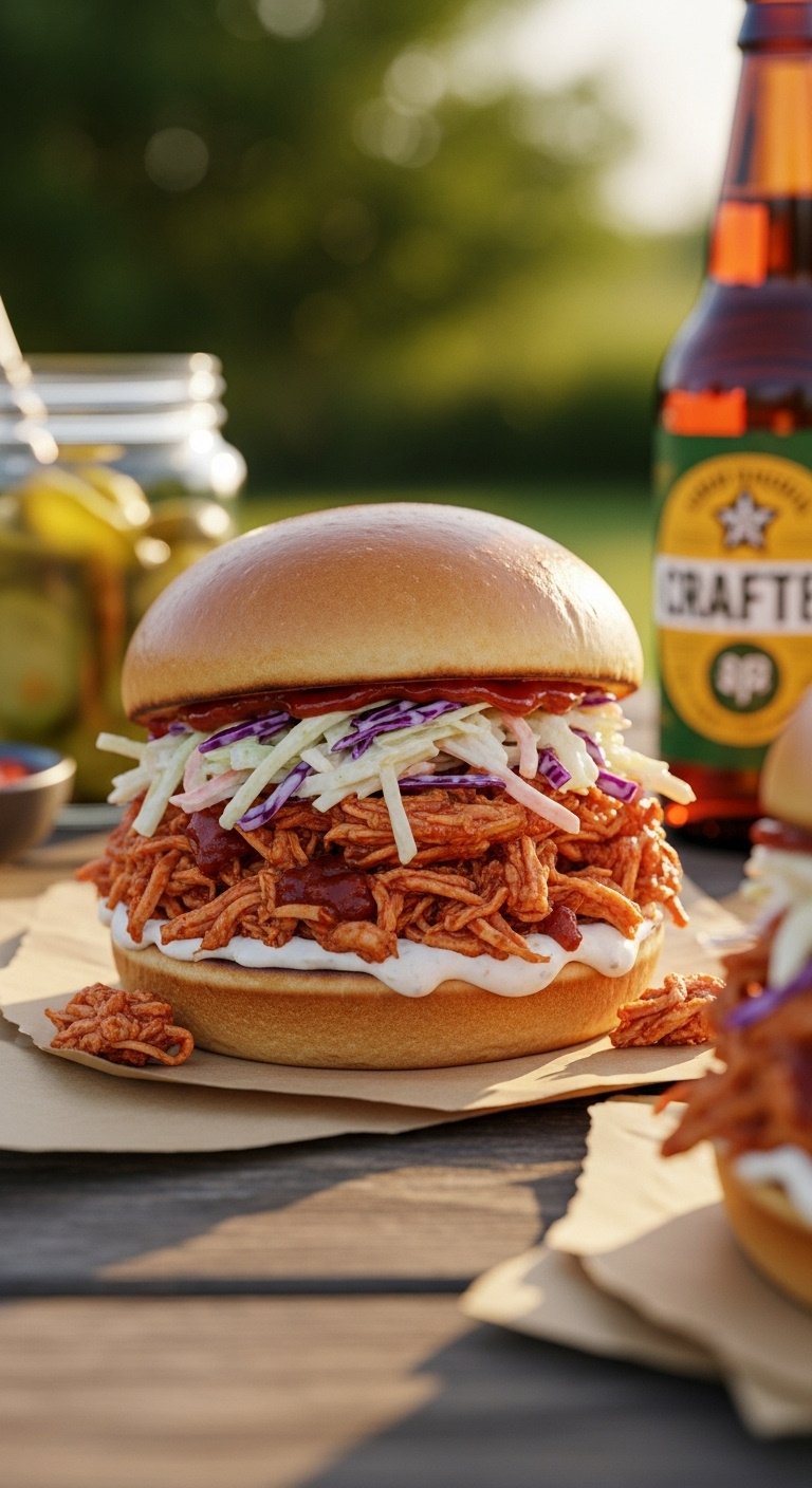 BBQ pulled chicken sandwich with coleslaw on a brioche bun with pickles and beer on a picnic table
