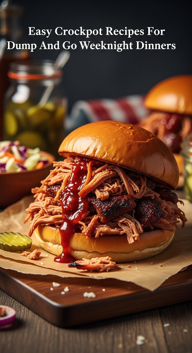 BBQ pulled pork sandwich on a brioche bun with coleslaw and pickles on parchment paper on a wooden cutting board